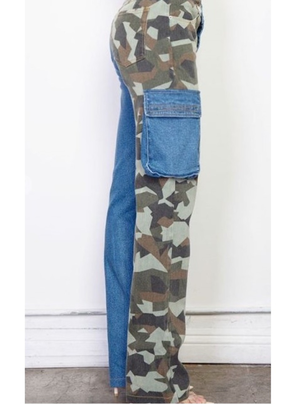 Reworked Two-Tone Denim & Camo Cargo Jeans Rehab